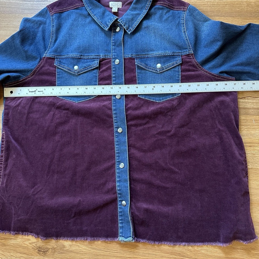 LOGO Lori Goldstein Denim Corduroy Jacket Womens 2X Cowboy Fringe Color Block - Picture 9 of 15